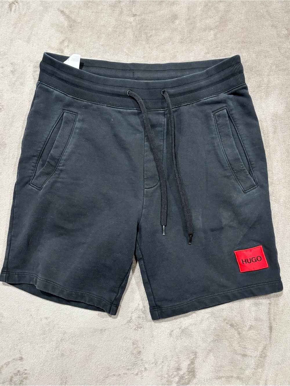 HUGO Black Athletic Drawstring Shorts with Red Logo Patch